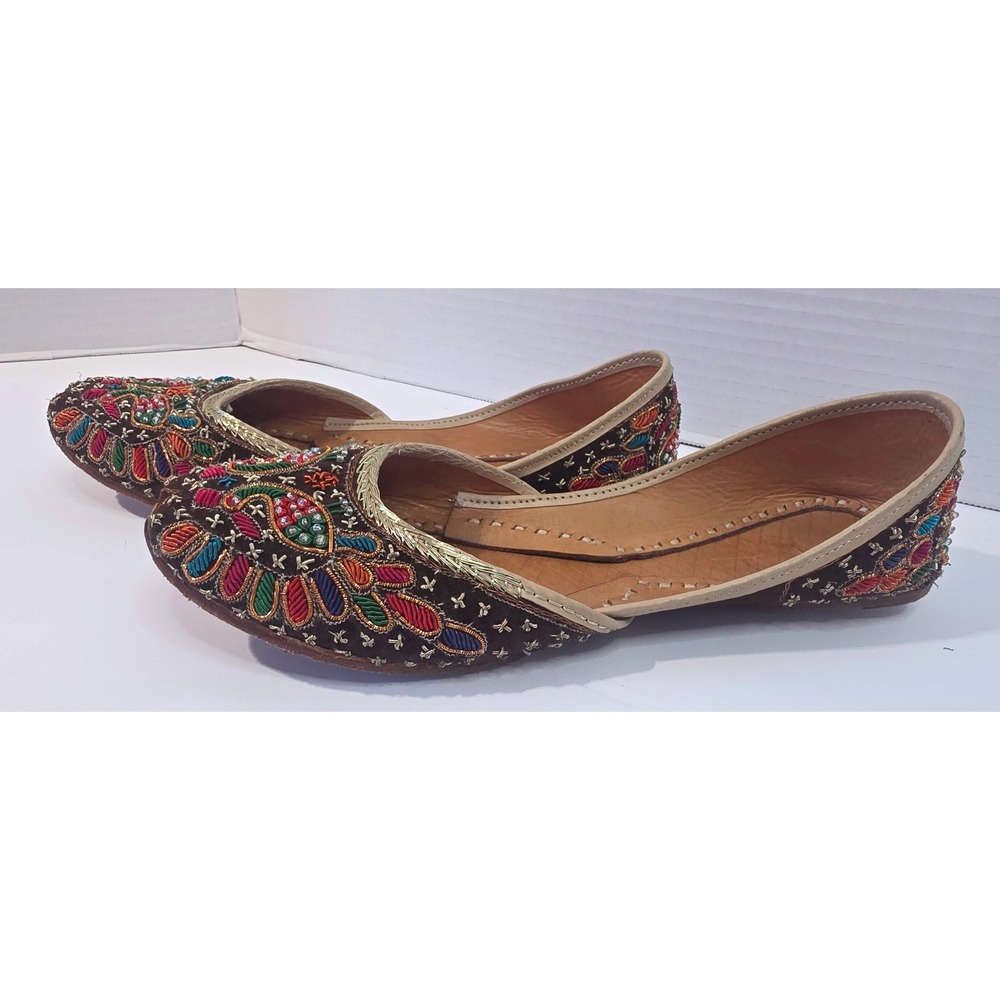 Handmade Indian Jutti Flats Brown Velvet Zardosi Embroidered Mojari Khussa Shoes